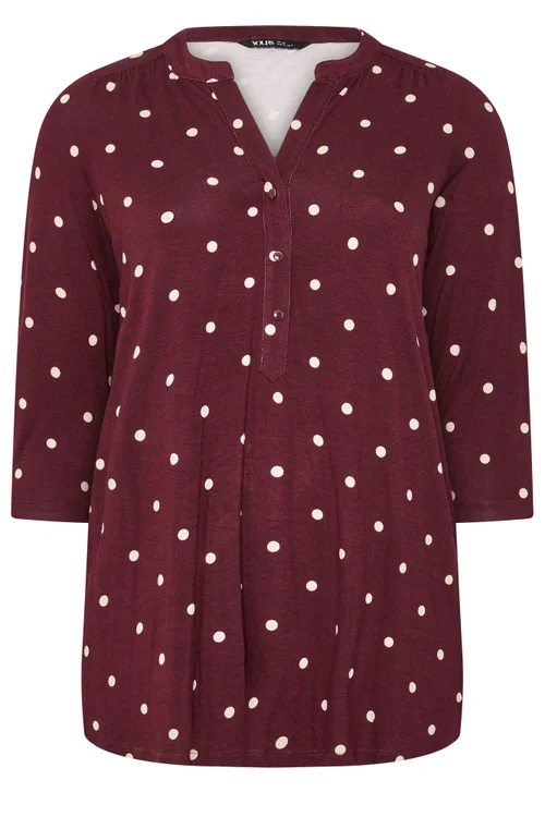 Yours Curve Burgundy Red Spot Print Half Placket Shirt - 12 Image 5