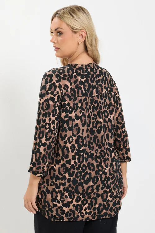 Yours Curve Brown Leopard Print Half Placket Shirt - 12 Image 3