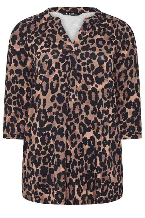 Yours Curve Brown Leopard Print Half Placket Shirt - 12 Image 5