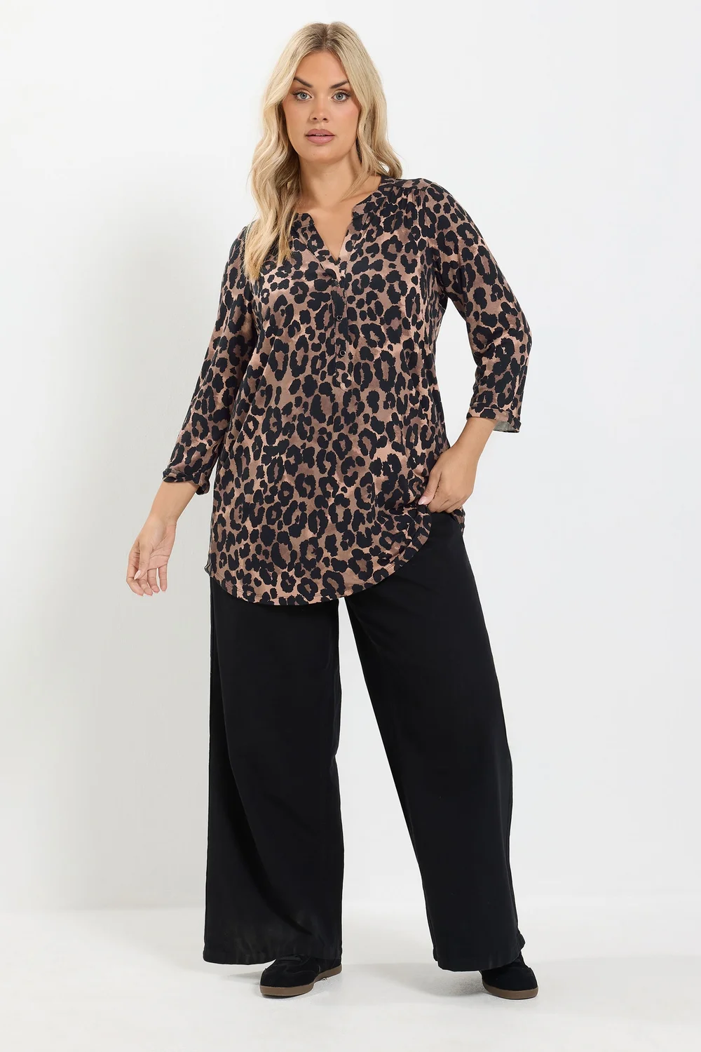 Yours Curve Brown Leopard Print Half Placket Shirt - 12 Image 2