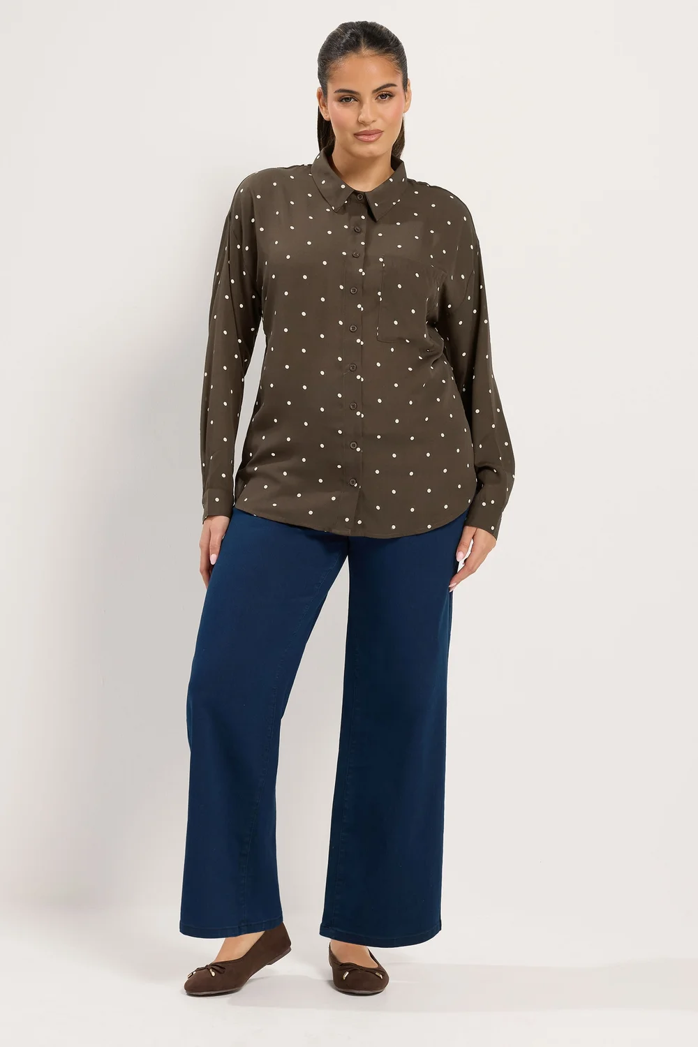 Yours Curve Brown Polka Dot Shirt - 12 Image 1
