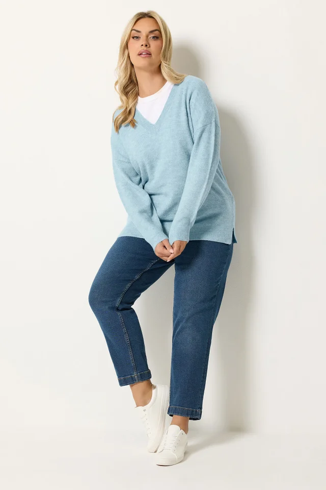 Yours Curve Blue V-Neck Soft Touch Jumper