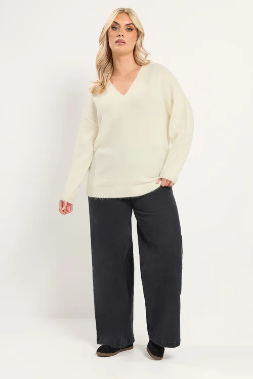 Yours Curve Ivory White V-Neck Soft Touch Jumper - 18-20 Image 2