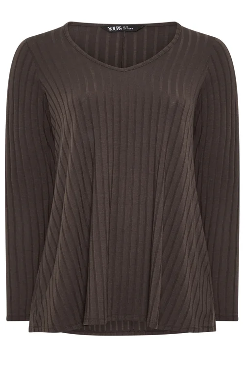 Yours Curve Chocolate Brown Plunge Neck Ribbed T-Shirt - 14 Image 5