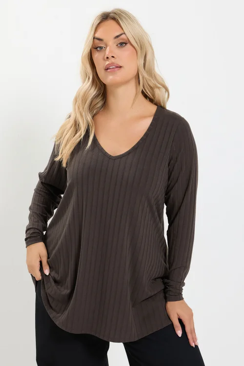 Yours Curve Chocolate Brown Plunge Neck Ribbed T-Shirt - 14 Image 1