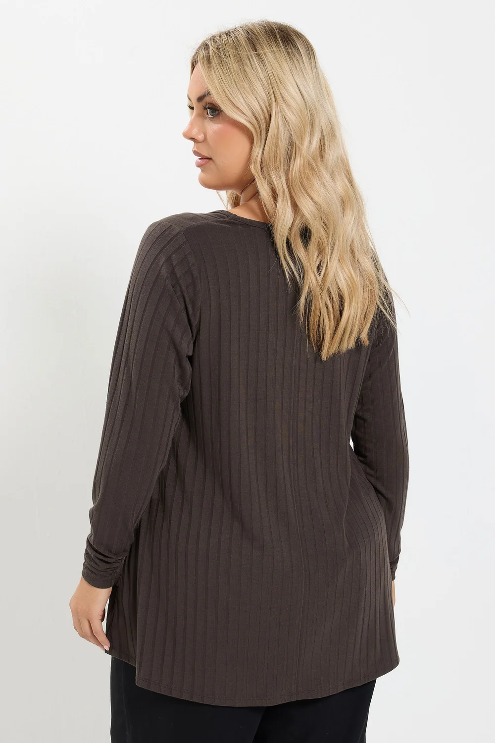Yours Curve Chocolate Brown Plunge Neck Ribbed T-Shirt - 14 Image 3