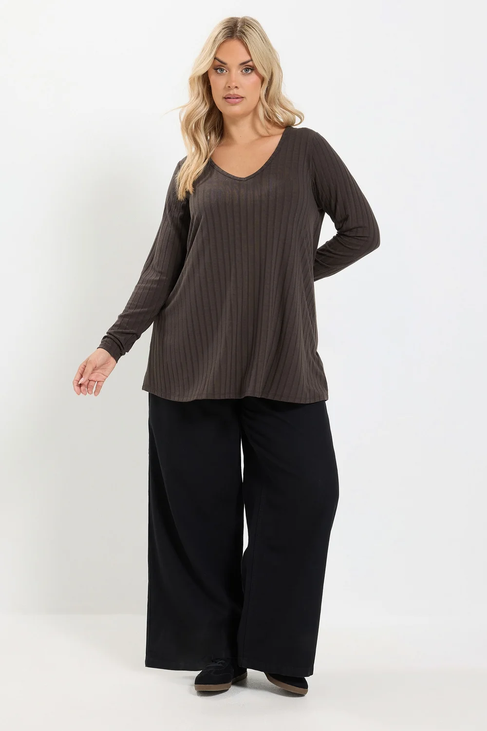 Yours Curve Chocolate Brown Plunge Neck Ribbed T-Shirt - 14 Image 2
