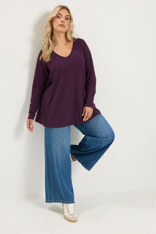 Yours Curve Purple Plunge Neck Ribbed T-Shirt - 22-24 Image 2