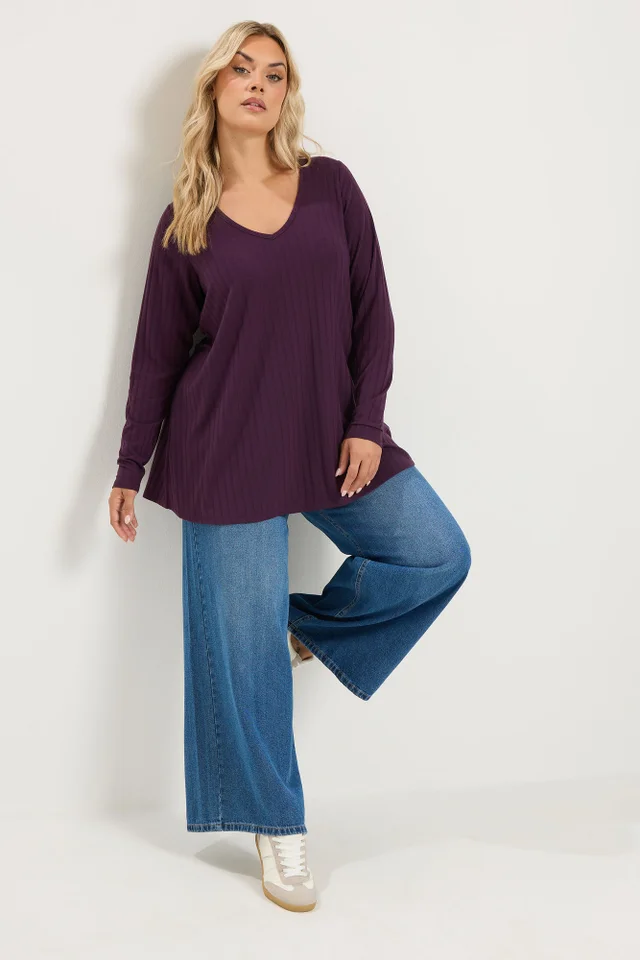 Yours Curve Purple Plunge Neck Ribbed T-Shirt