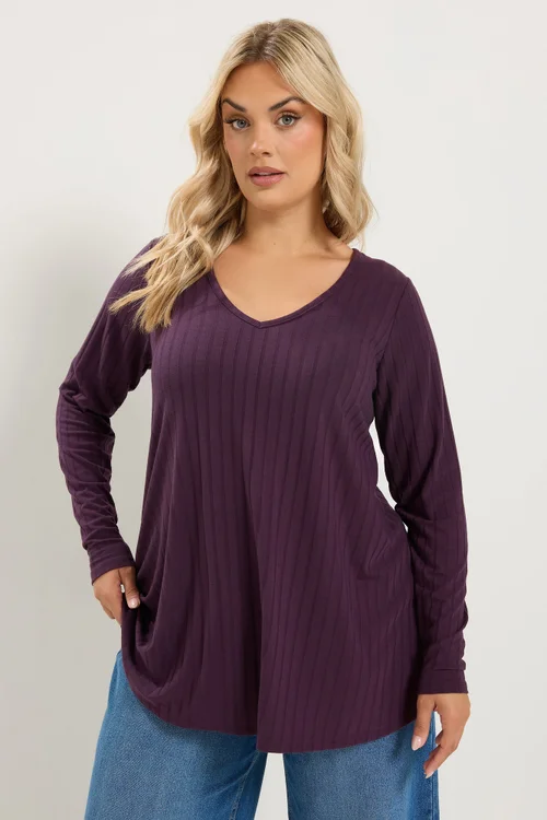 Yours Curve Purple Plunge Neck Ribbed T-Shirt - 22-24 Image 1