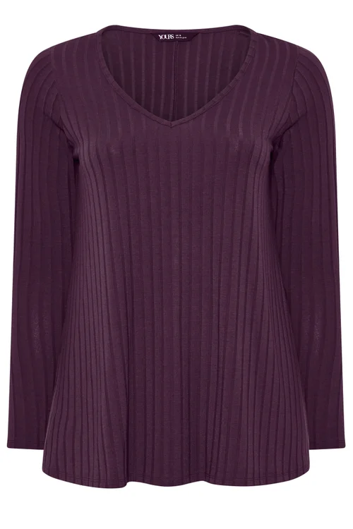 Yours Curve Purple Plunge Neck Ribbed T-Shirt - 22-24 Image 5