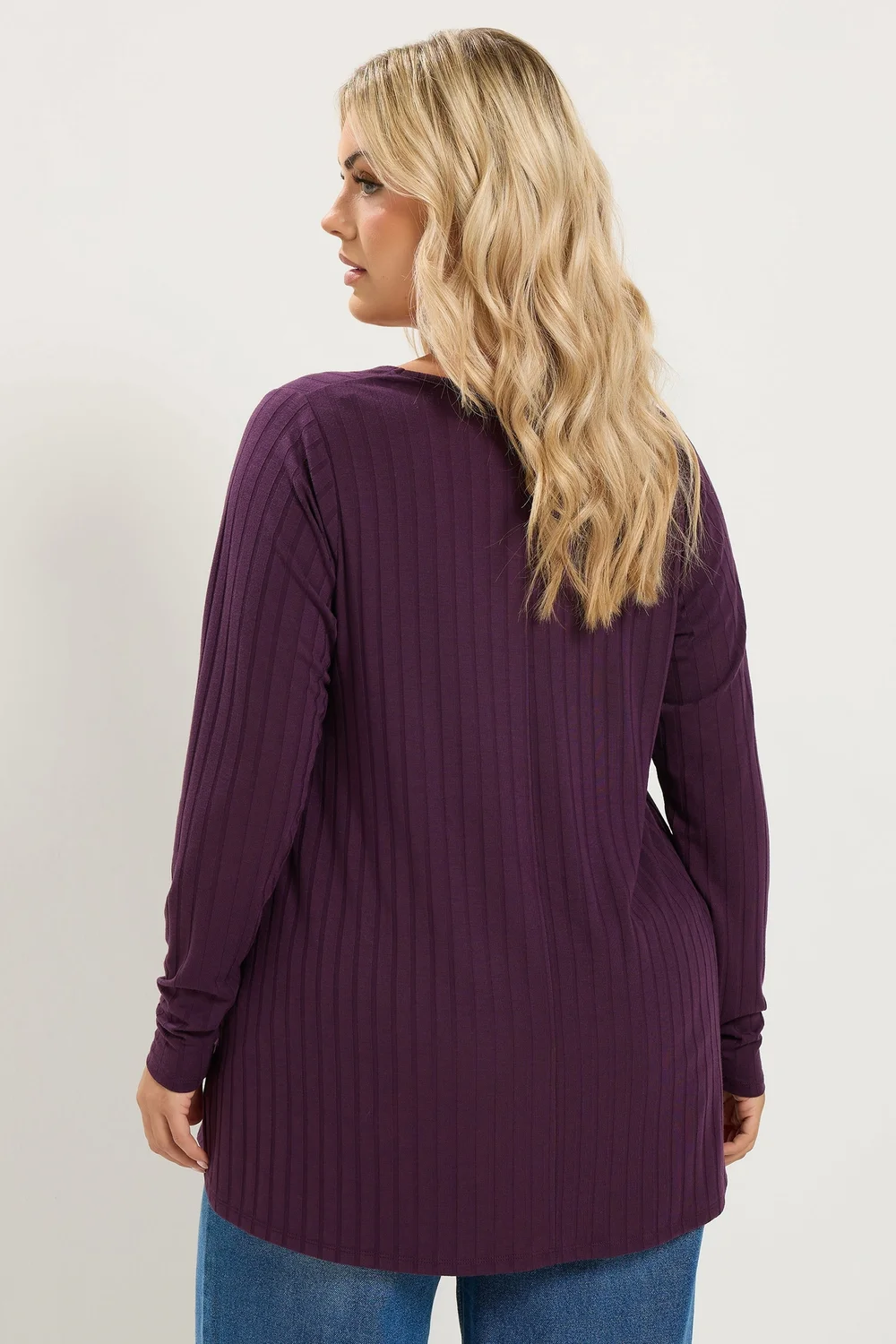 Yours Curve Purple Plunge Neck Ribbed T-Shirt - 22-24 Image 3