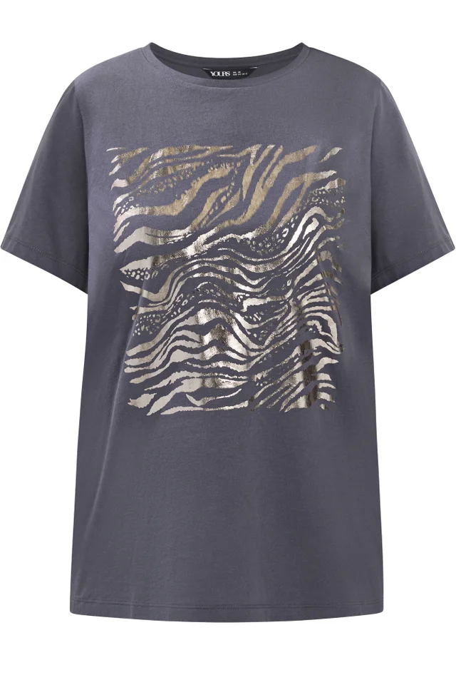 Yours Curve Grey Zebra Foil T-Shirt