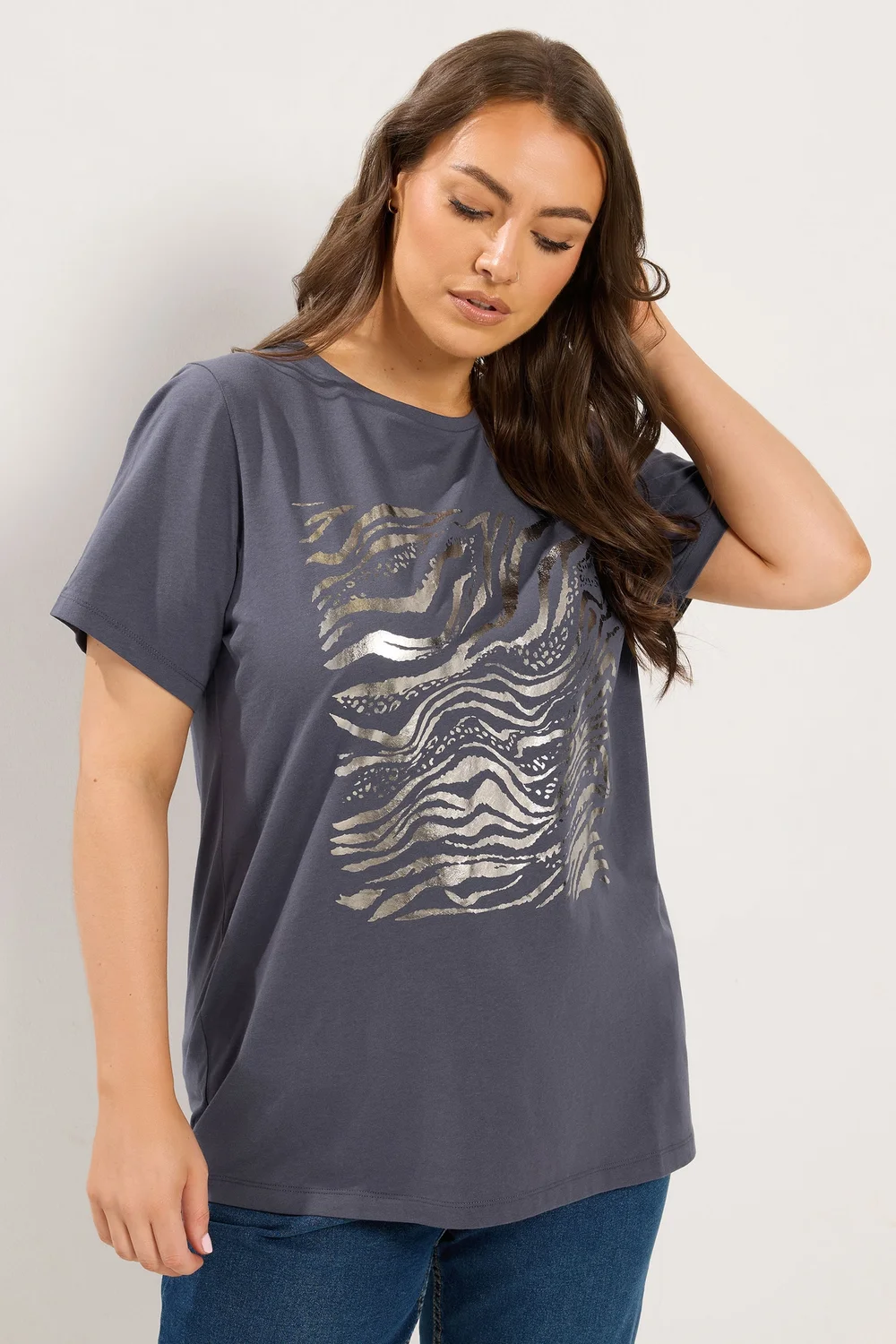 Yours Curve Grey Zebra Foil T-Shirt - 26-28 Image 1