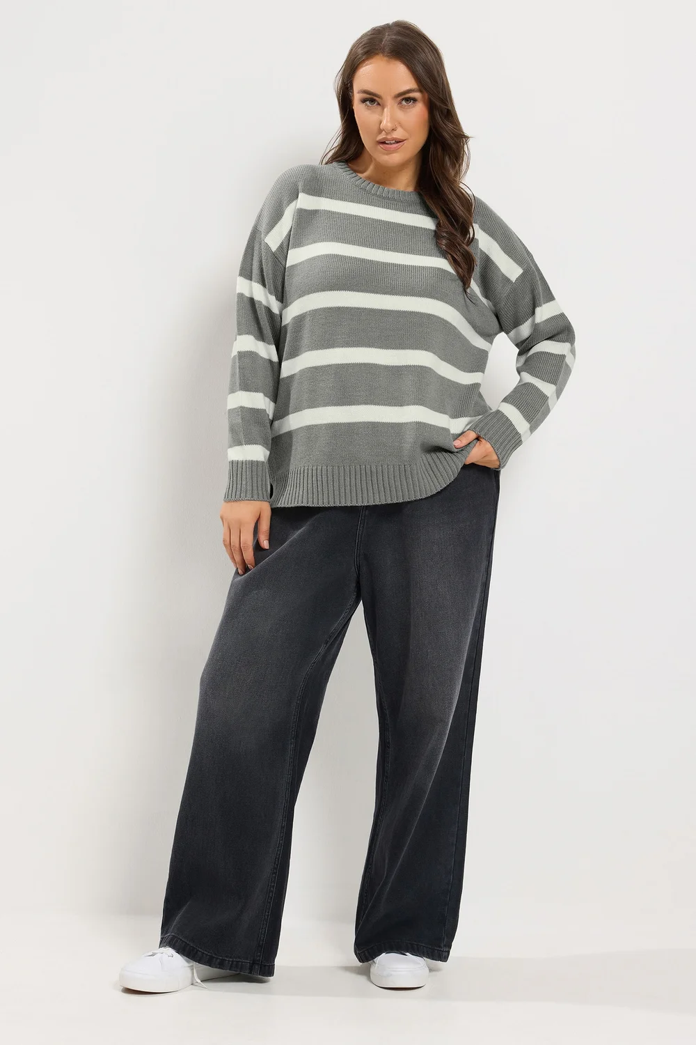 Yours Curve Grey & White Stripe Knitted Jumper - 18-20 Image 3