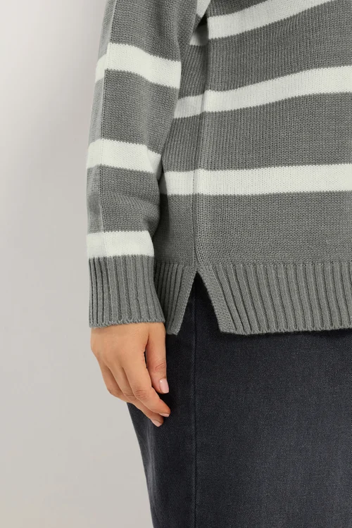 Yours Curve Grey & White Stripe Knitted Jumper - 18-20 Image 5