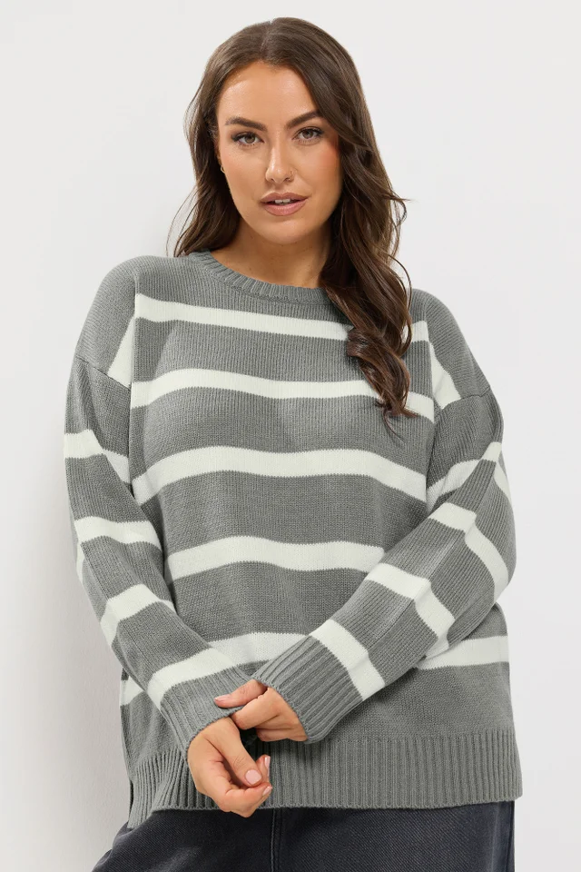 Yours Curve Grey & White Stripe Knitted Jumper