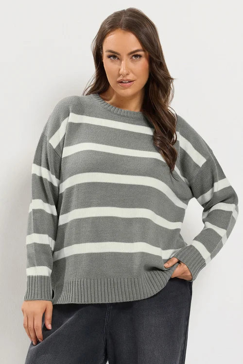 Yours Curve Grey & White Stripe Knitted Jumper - 18-20 Image 1