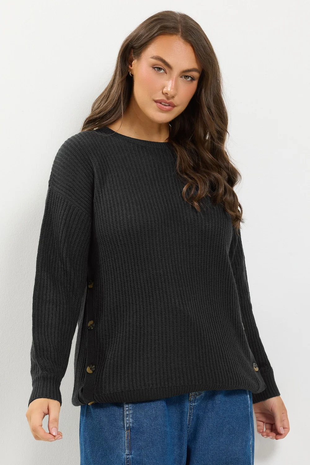 Yours Curve Black Side Button Knitted Jumper - 26-28 Image 1