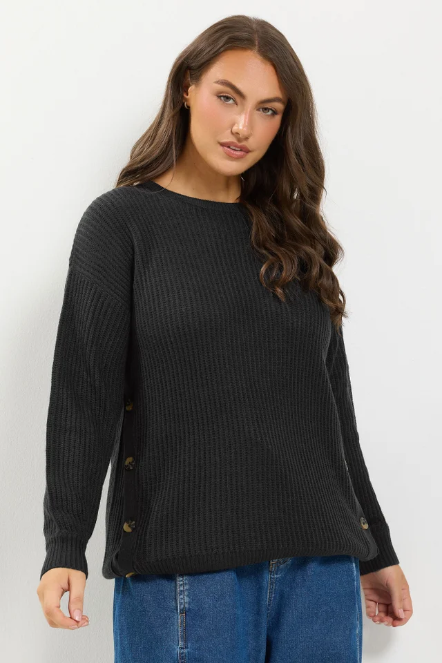 Yours Curve Black Side Button Knitted Jumper