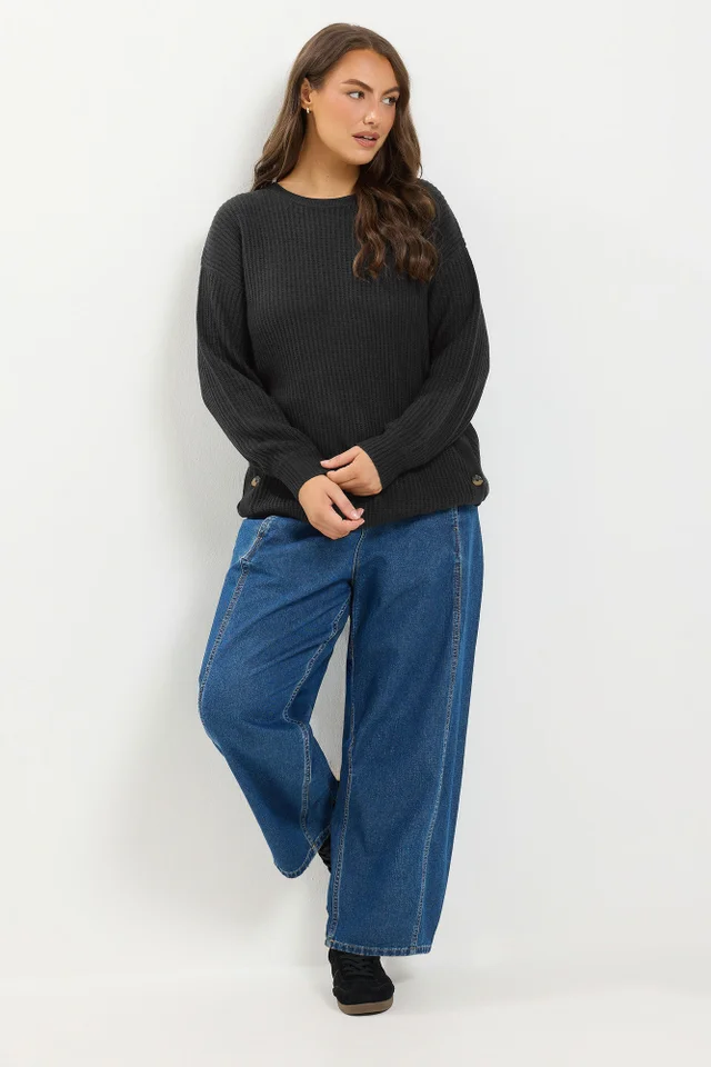Yours Curve Black Side Button Knitted Jumper