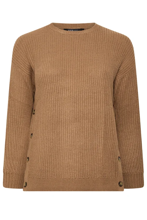 Yours Curve Brown Side Button Knitted Jumper - 22-24 Image 5