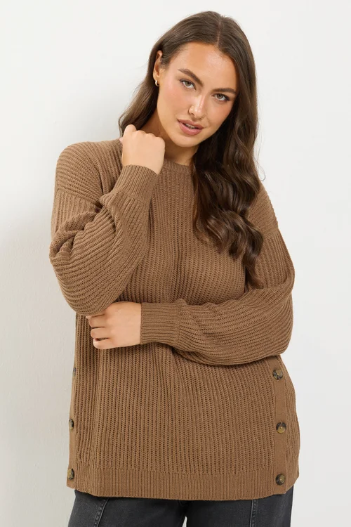 Yours Curve Brown Side Button Knitted Jumper - 22-24 Image 1