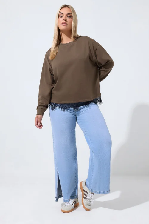 Yours Limited Collection Curve Chocolate Brown Lace Hem Sweatshirt - 16 Image 2