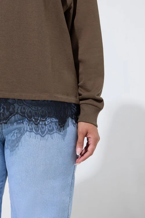 Yours Limited Collection Curve Chocolate Brown Lace Hem Sweatshirt - 16 Image 4