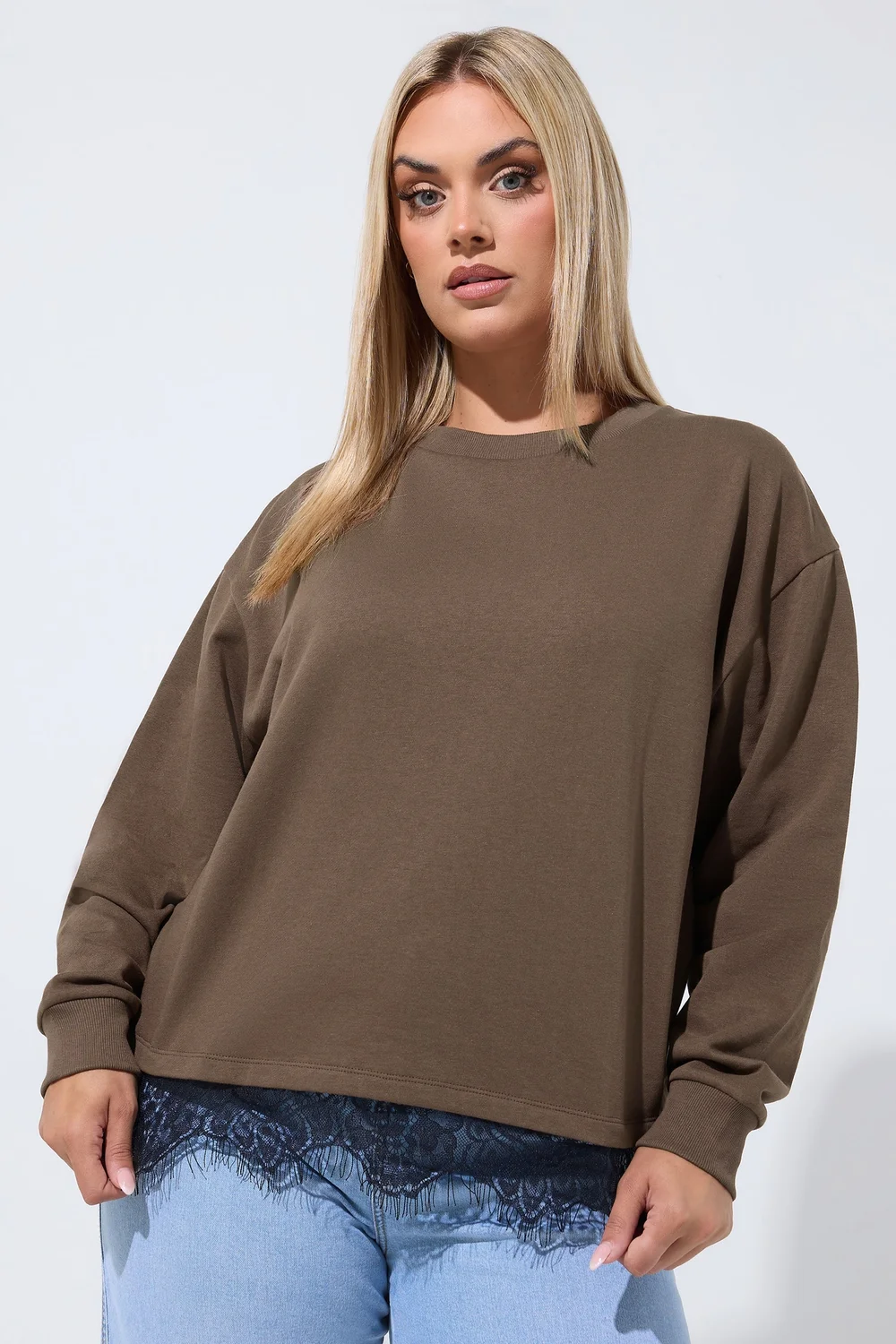 Yours Limited Collection Curve Chocolate Brown Lace Hem Sweatshirt - 16 Image 1