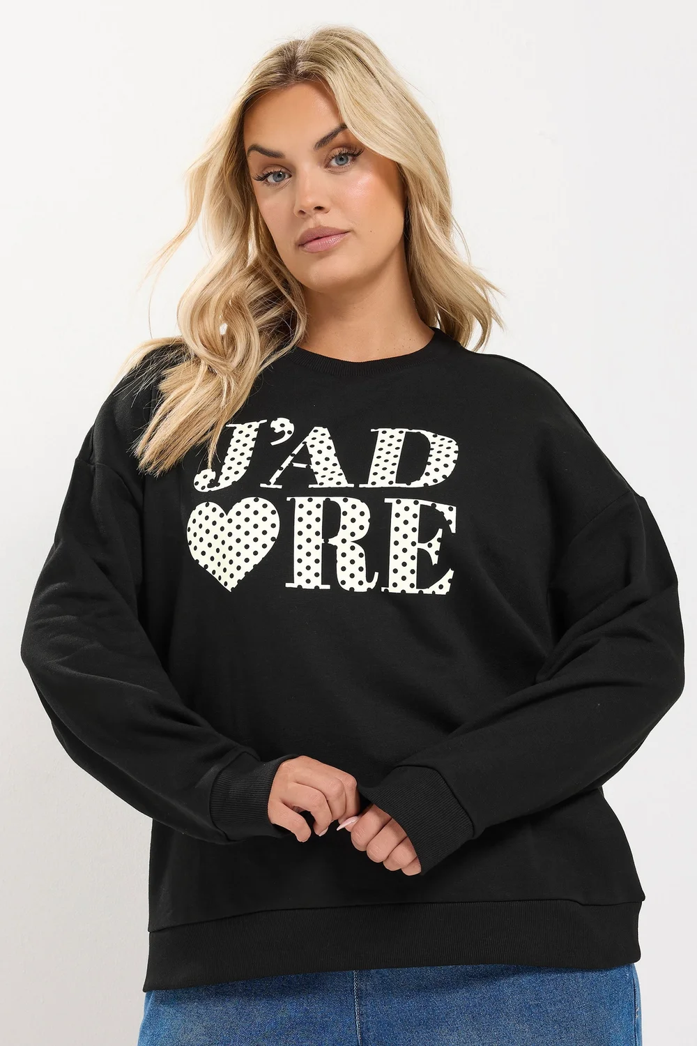 Yours Curve Black 'J'adore' Polka Dot Slogan Sweatshirt - 22-24 Image 2