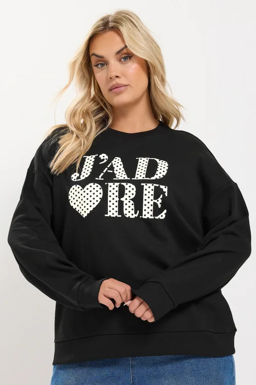 Yours Curve Black 'J'adore' Polka Dot Slogan Sweatshirt - 22-24 Image 2