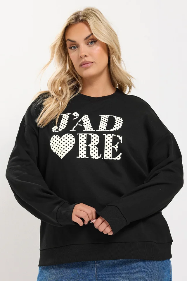 Yours Curve Black 'J'adore' Polka Dot Slogan Sweatshirt