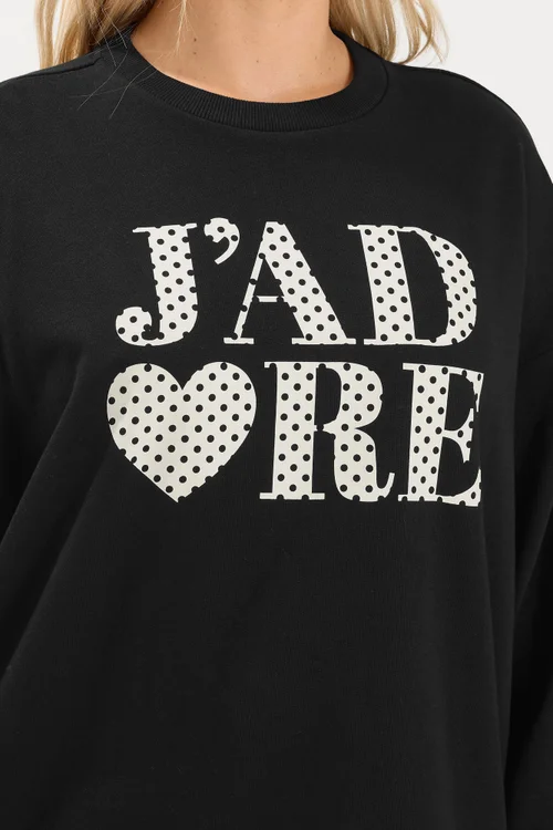 Yours Curve Black 'J'adore' Polka Dot Slogan Sweatshirt - 22-24 Image 5