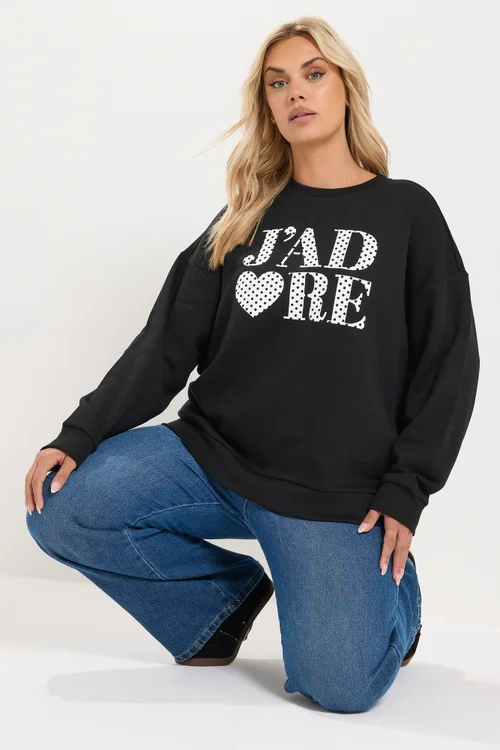 Yours Curve Black 'J'adore' Polka Dot Slogan Sweatshirt - 22-24 Image 1