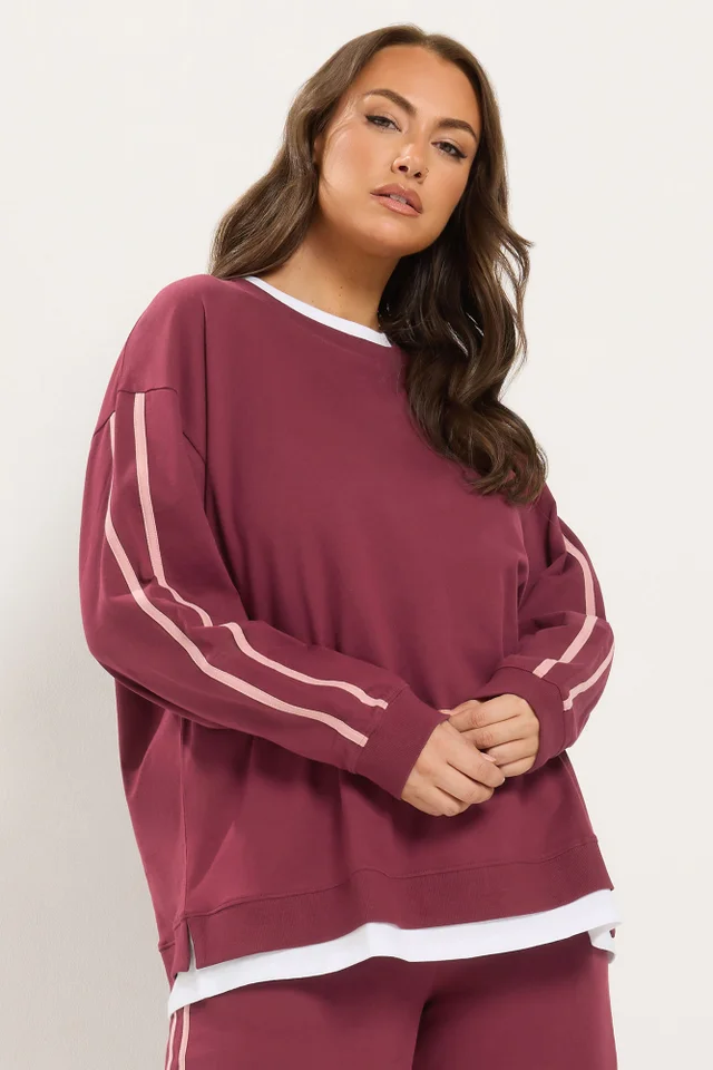 Yours Curve Red 2-In-1 Side Stripe Cotton Sweatshirt