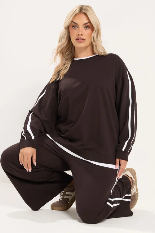 Yours Curve Chocolate Brown 2-In-1 Side Stripe Sweatshirt - 12 Image 1