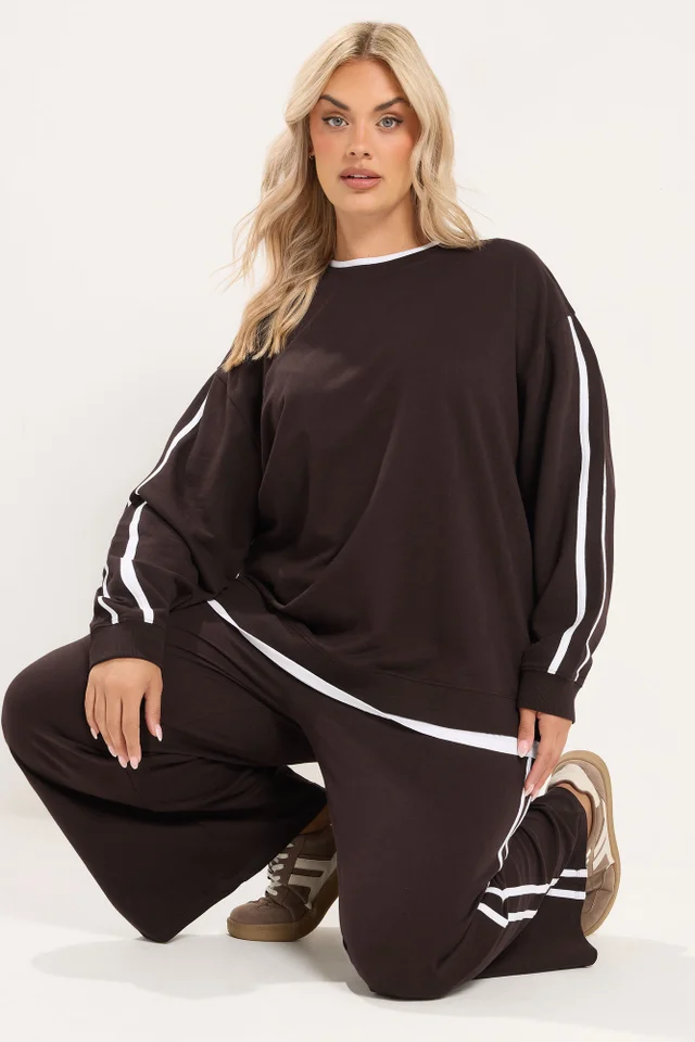 Yours Curve Chocolate Brown 2-In-1 Side Stripe Sweatshirt