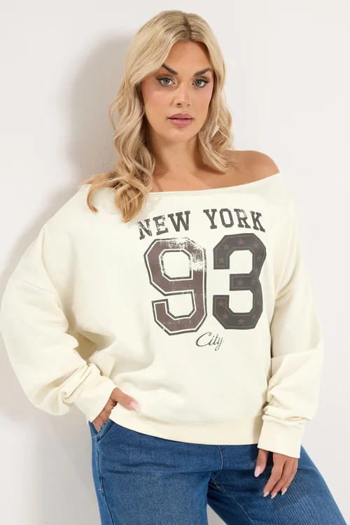 Yours Curve Cream 'New York' Off Shoulder Sweatshirt - 30-32 Image 1