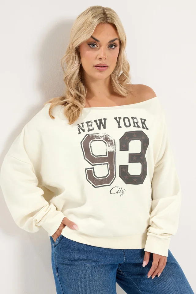 Yours Curve Cream 'New York' Off Shoulder Sweatshirt