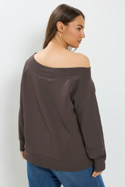 Yours Curve Chocolate Brown Off Shoulder Ribbed Sweatshirt - 14-16 Image 4