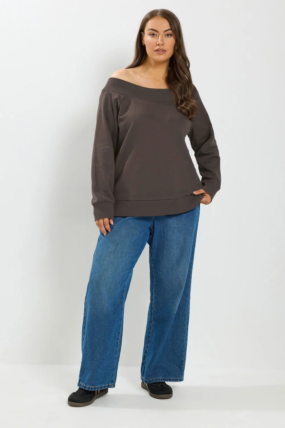 Yours Curve Chocolate Brown Off Shoulder Ribbed Sweatshirt - 14-16 Image 3