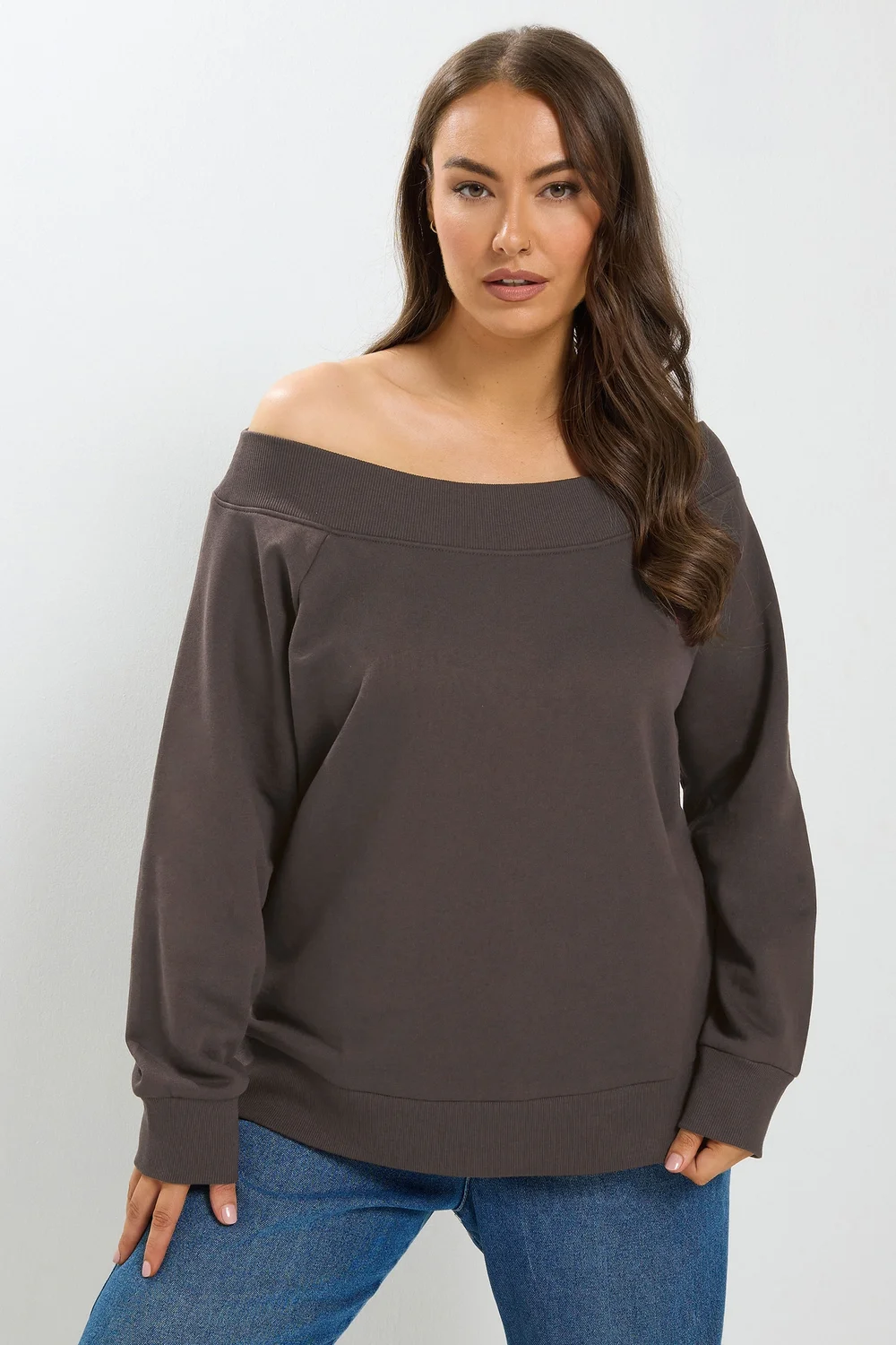 Yours Curve Chocolate Brown Off Shoulder Ribbed Sweatshirt - 14-16 Image 1