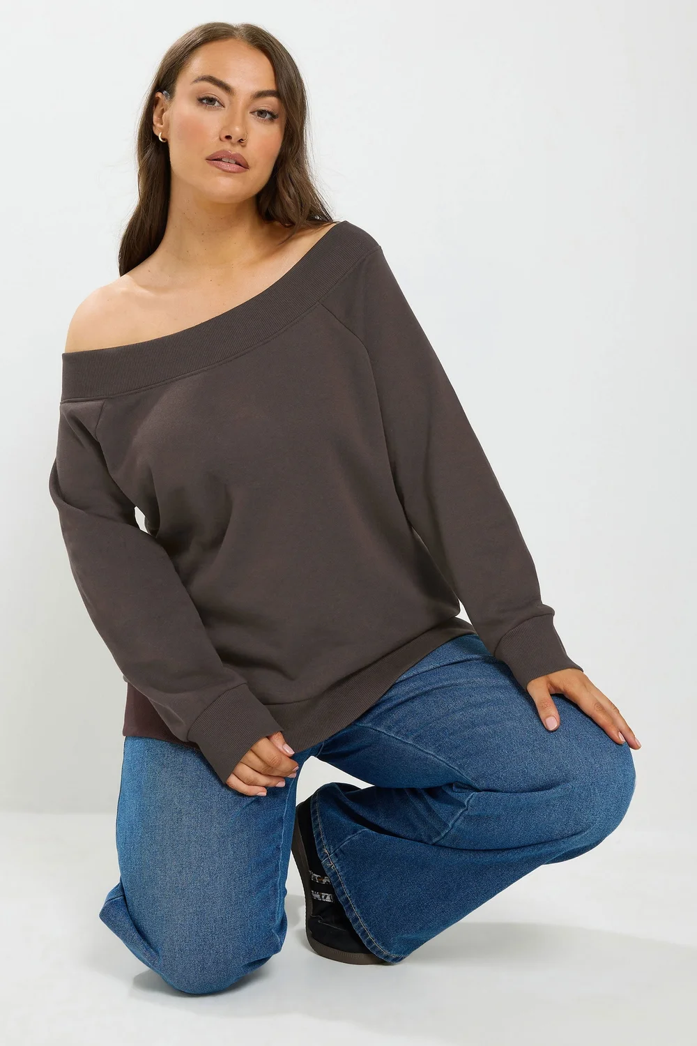Yours Curve Chocolate Brown Off Shoulder Ribbed Sweatshirt - 14-16 Image 2