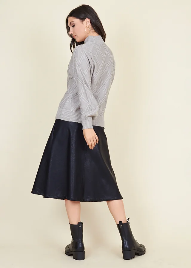 Wednesdays Girl Black Matt PU Bias Cut A-Line Midi Skirt