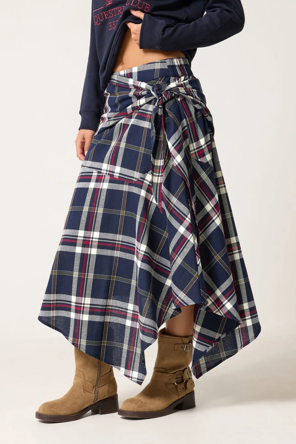PixieGirl Petite Navy Blue Checkered Scarf Skirt - 6 Image 3