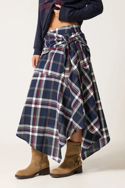 PixieGirl Petite Navy Blue Checkered Scarf Skirt - 6 Image 3