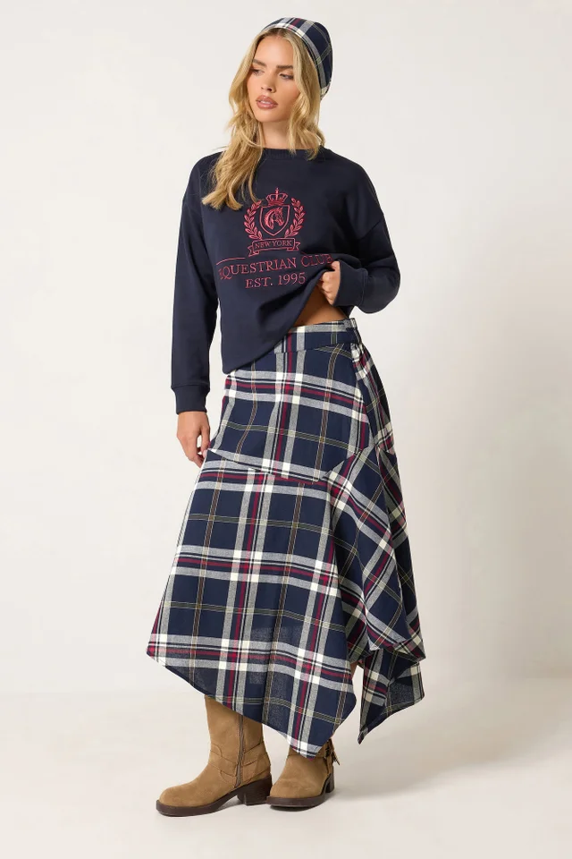 PixieGirl Petite Navy Blue Checkered Scarf Skirt