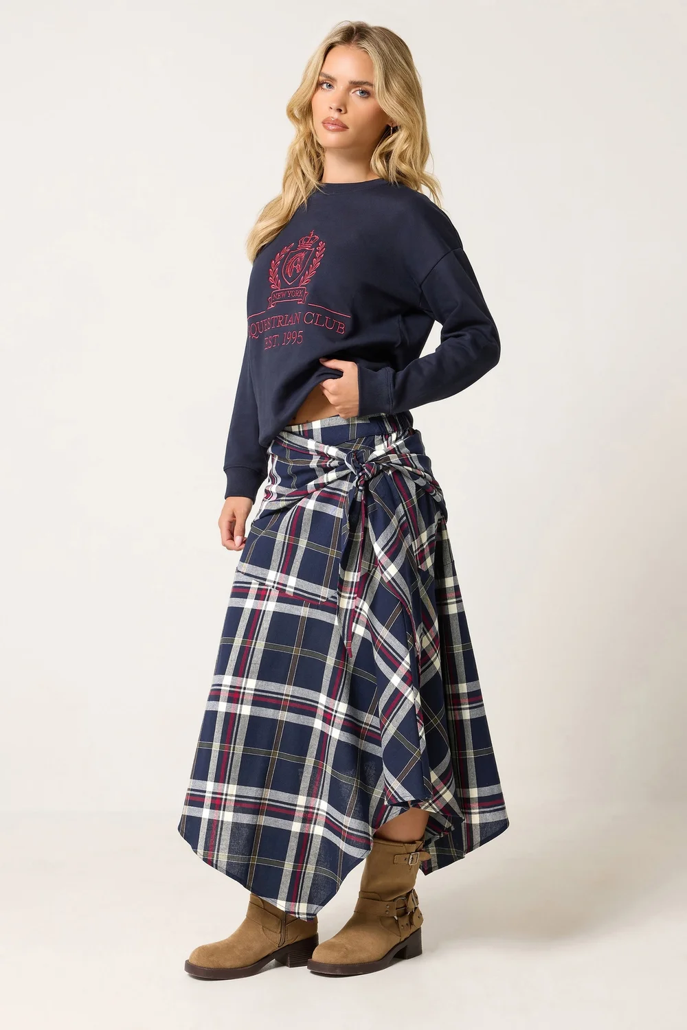 PixieGirl Petite Navy Blue Checkered Scarf Skirt - 6 Image 4