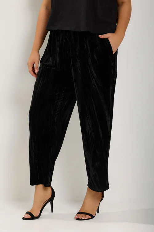 Yours Curve Black Velvet Barrel Leg Trousers - 16/L30 Image 1